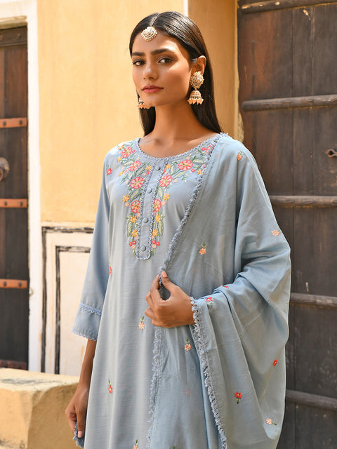 Women Grey Floral Embroidered Regular Thread Work Kurta Set (Set0460)