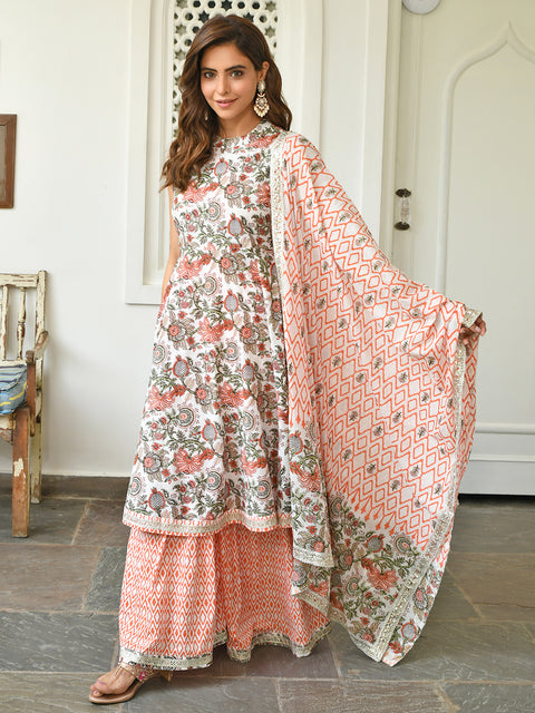 Women White Cotton Floral Block Print Kurta with Sharara and Dupatta (J0472-KR-SHA)