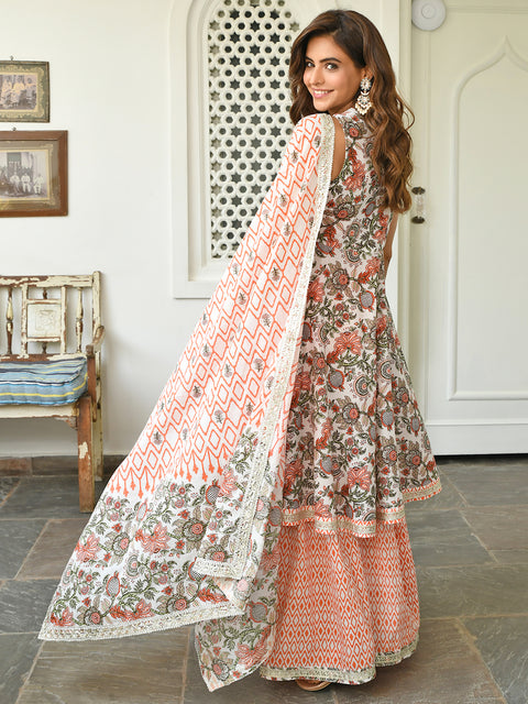 Women White Cotton Floral Block Print Kurta with Sharara and Dupatta (J0472-KR-SHA)