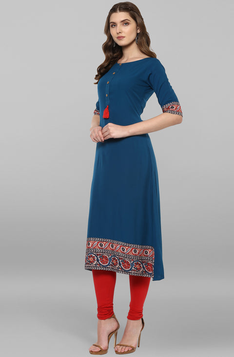 Women Turquoise Blue Printed A-Line Kurta (JNE2100-KR-144)