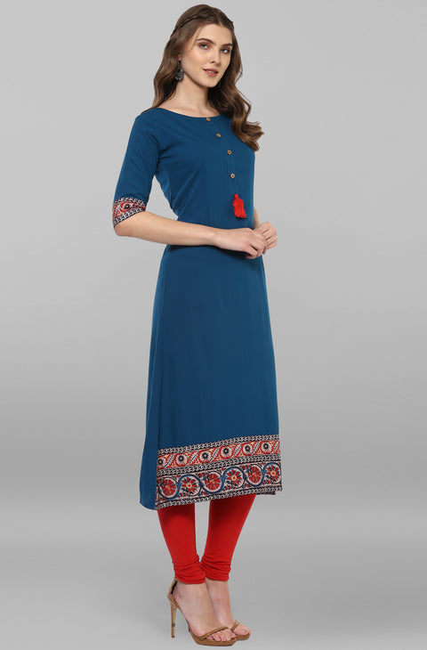 Women Turquoise Blue Printed A-Line Kurta (JNE2100-KR-144)