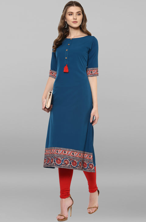 Women Turquoise Blue Printed A-Line Kurta (JNE2100-KR-144)