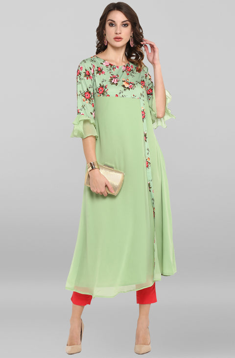 Women Green & Pink Floral Printed A-Line Kurta (JNE3368-KR)