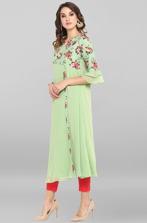 Women Green & Pink Floral Printed A-Line Kurta (JNE3368-KR)