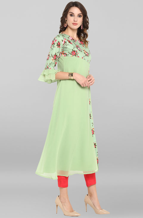 Women Green & Pink Floral Printed A-Line Kurta (JNE3368-KR)