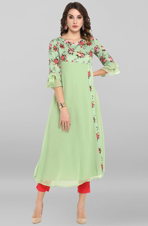 Women Green & Pink Floral Printed A-Line Kurta (JNE3368-KR)