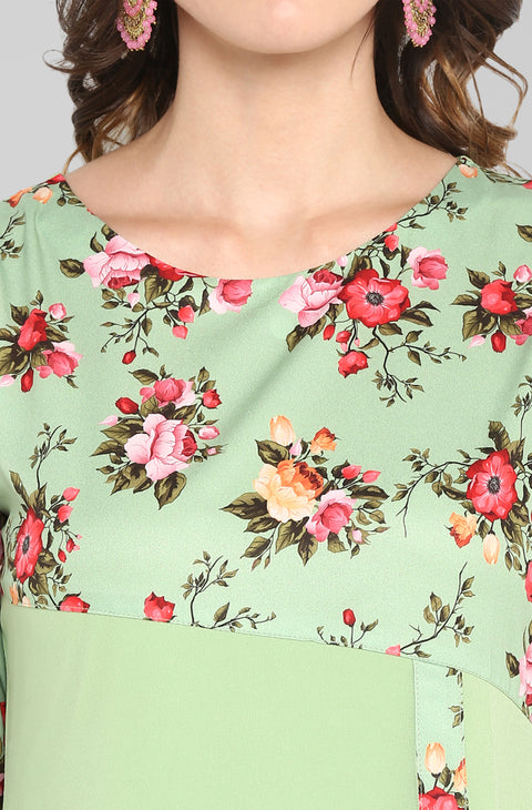 Women Green & Pink Floral Printed A-Line Kurta (JNE3368-KR)