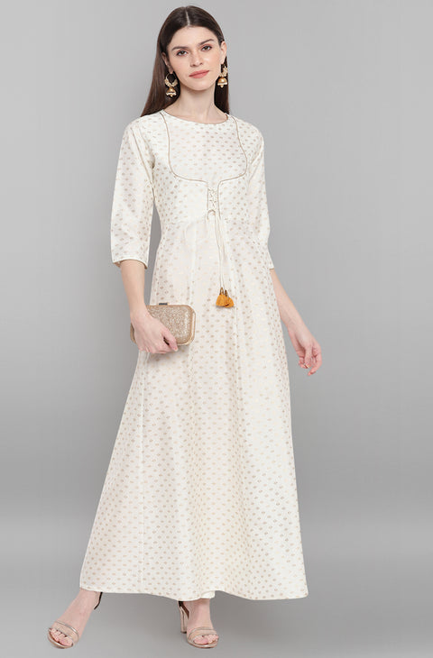 Women Off White & Gold-Toned Geometric Printed Anarkali Kurta (JNE3609-KR)