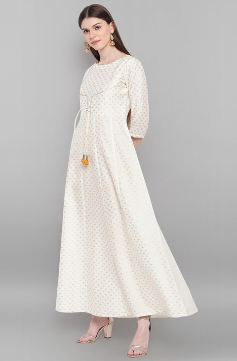 Women Off White & Gold-Toned Geometric Printed Anarkali Kurta (JNE3609-KR)
