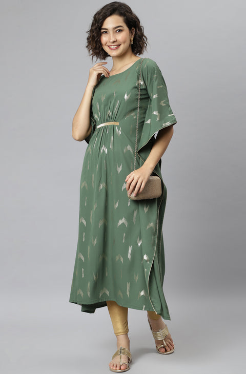Women Green Printed Flared Sleeves Thread Work Crepe Kurta (JNE3784-KR)