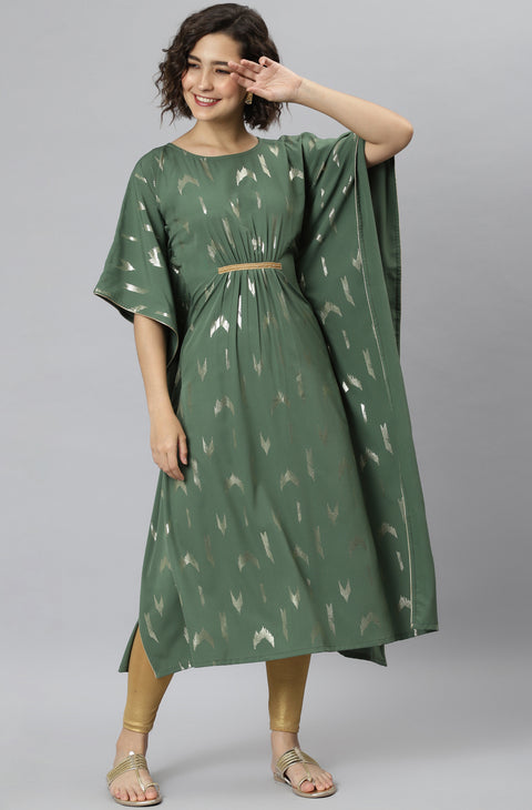 Women Green Printed Flared Sleeves Thread Work Crepe Kurta (JNE3784-KR)