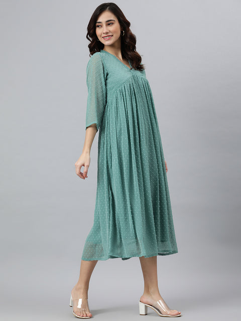 Green Dobby Weave poly chiffon Flared Dress(JNE3797-DR)