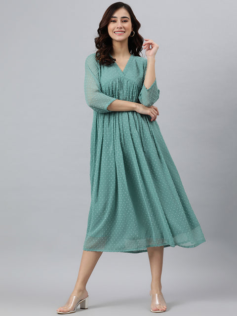 Green Dobby Weave poly chiffon Flared Dress(JNE3797-DR)