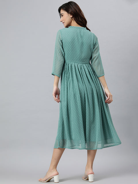 Green Dobby Weave poly chiffon Flared Dress(JNE3797-DR)