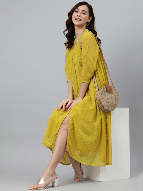 Mustard Yellow Dobby waves poly chiffon Dress (JNE3800-DR)