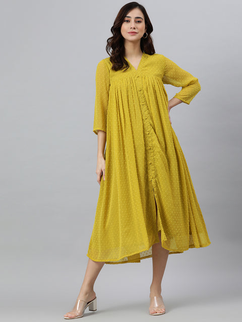 Mustard Yellow Dobby waves poly chiffon Dress (JNE3800-DR)