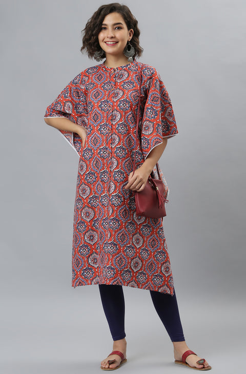 Ethnic Motifs Printed Flared Sleeves Kaftan Cotton Kurta (JNE3818-KR)