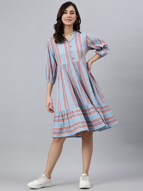 Women Blue Cotton Blend Striped Flared Dress (JNE3881-DR)