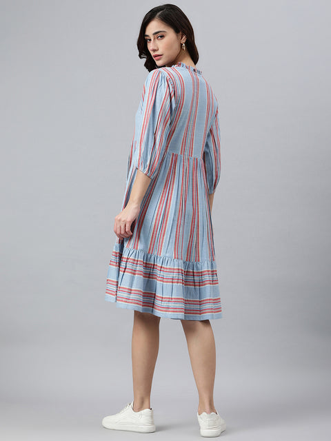 Women Blue Cotton Blend Striped Flared Dress (JNE3881-DR)