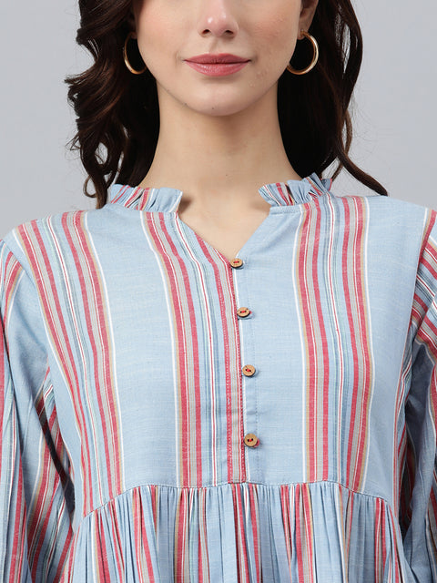 Women Blue Cotton Blend Striped Flared Dress (JNE3881-DR)