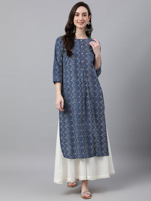 Women Cotton Zig Zag Print Straight Kurta (JNE4001-KR)