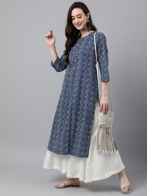 Women Cotton Zig Zag Print Straight Kurta (JNE4001-KR)