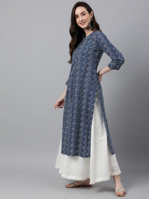 Women Cotton Zig Zag Print Straight Kurta (JNE4001-KR)