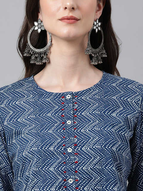 Women Cotton Zig Zag Print Straight Kurta (JNE4001-KR)