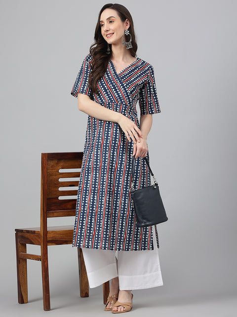 Women Navy Blue Cotton Geometric Straight Kurta (JNE4016-KR)