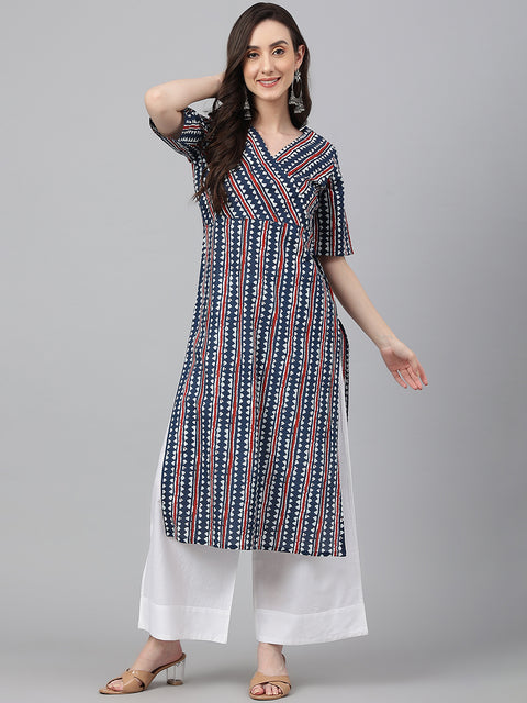 Women Navy Blue Cotton Geometric Straight Kurta (JNE4016-KR)