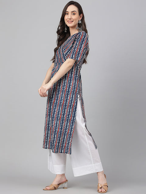 Women Navy Blue Cotton Geometric Straight Kurta (JNE4016-KR)