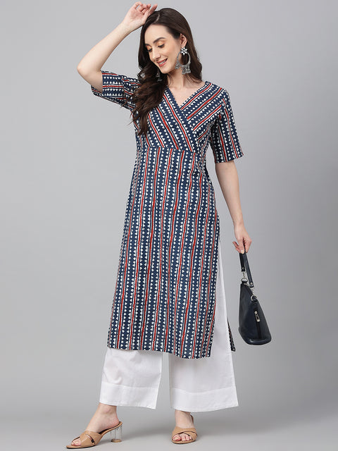 Women Navy Blue Cotton Geometric Straight Kurta (JNE4016-KR)