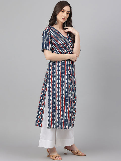Women Navy Blue Cotton Geometric Straight Kurta (JNE4016-KR)