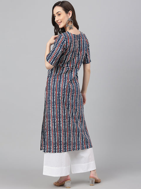 Women Navy Blue Cotton Geometric Straight Kurta (JNE4016-KR)