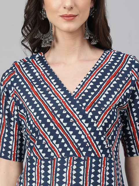 Women Navy Blue Cotton Geometric Straight Kurta (JNE4016-KR)