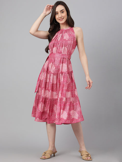Women's Pink Crepe Digital Print Tiered Western Dress (JNE4071-DR)