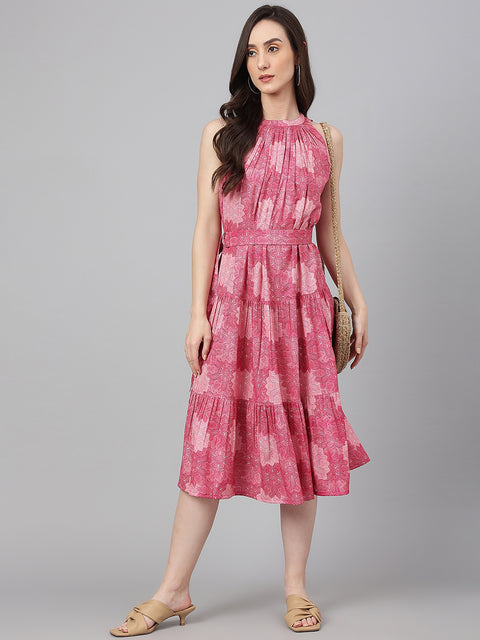 Women's Pink Crepe Digital Print Tiered Western Dress (JNE4071-DR)