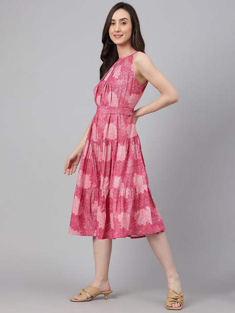 Women's Pink Crepe Digital Print Tiered Western Dress (JNE4071-DR)