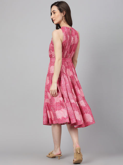 Women's Pink Crepe Digital Print Tiered Western Dress (JNE4071-DR)