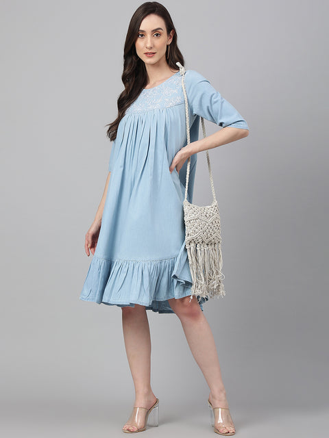 Women Denim Printed Flared Western Dress (JNE4081-DR)
