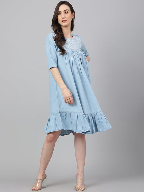Women Denim Printed Flared Western Dress (JNE4081-DR)