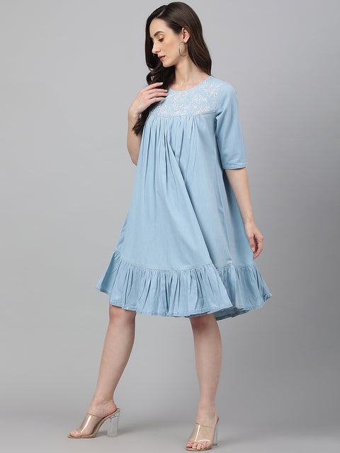 Women Denim Printed Flared Western Dress (JNE4081-DR)