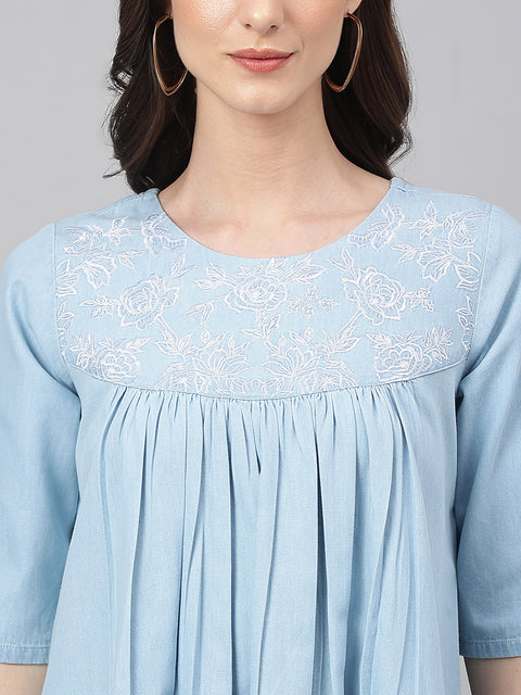 Women Denim Printed Flared Western Dress (JNE4081-DR)