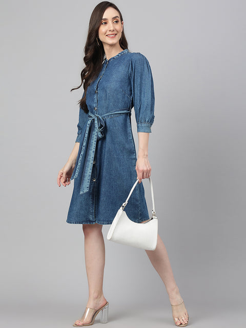 Women's Blue Denim Solid Straight Western Dress (JNE4082)
