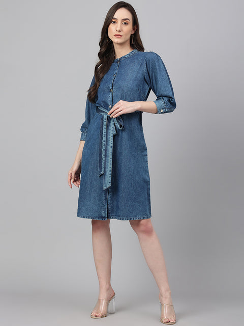 Women's Blue Denim Solid Straight Western Dress (JNE4082)