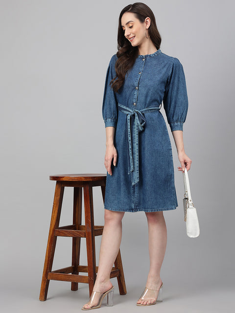 Women's Blue Denim Solid Straight Western Dress (JNE4082)
