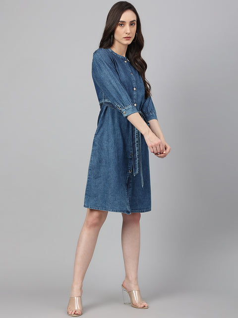 Women's Blue Denim Solid Straight Western Dress (JNE4082)