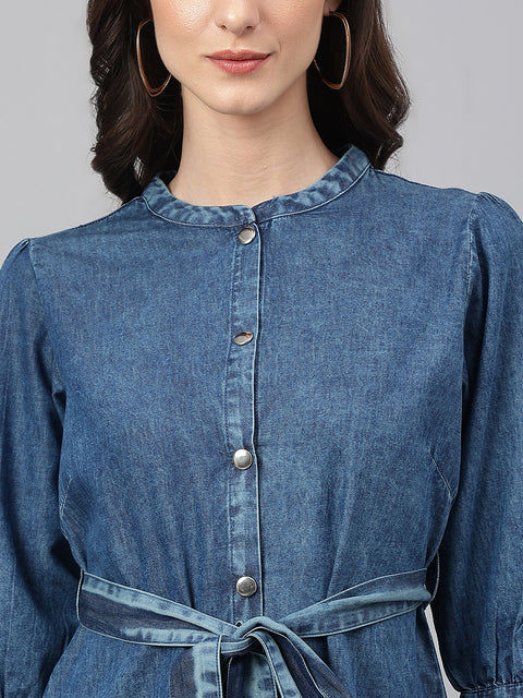 Women's Blue Denim Solid Straight Western Dress (JNE4082)