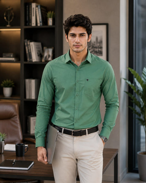 Men Jade Green Solid Cotton Shirt