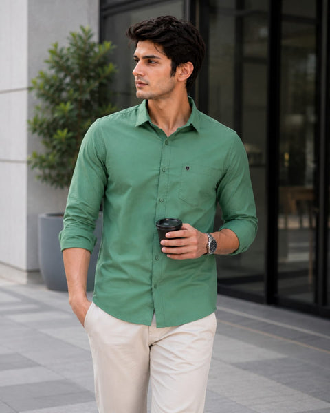 Men Jade Green Solid Cotton Shirt